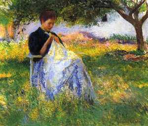 Edmund Charles Tarbell - A Girl Sewing in an Orchard