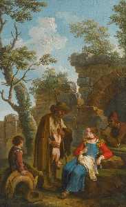 Paolo Monaldi - A woman buying a kid goat from a shepherd, with a boy sitting on a saddle and a man smoking a pipe, by a ruin