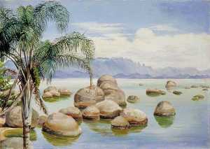 Marianne North - Palm Trees and Boulders in the Bay of Rio, Brazil