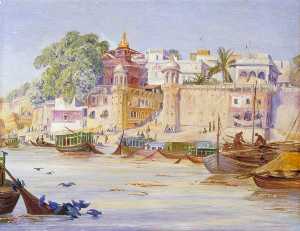 Marianne North - Nepalese Temple and Peepul Tree with Blue Pigeons Bathing, Benares, India