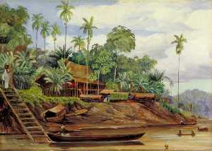 Marianne North - River Scene at Sarawak, Borneo, when the Tide is Getting Low