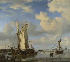 Willem Van De Velde The Elder - Dutch Vessels close Inshore at Low Tide, and Men Bathing