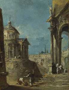 Francesco Lazzaro Guardi - An Architectural Caprice with a Palladian Style Building