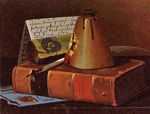 John Frederick Peto - Still Life with Inkwell, Plume Old Book, (painting)