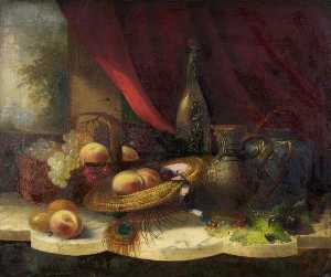 George Lance - Still Life with Fruit, a Bottle and a Jug