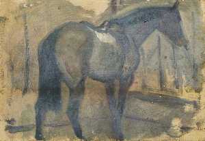 Alfred James Munnings - A Dark Bay Racehorse in a Stable