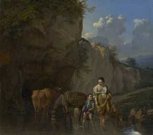 Karel Dujardin - A Woman and a Boy with Animals at a Ford