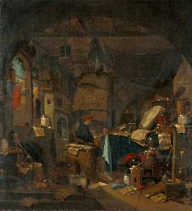Thomas Wyck - Interior with an Alchemist Seated at a Table, Looking out of the Picture