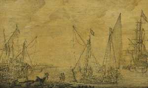 Willem Van De Velde The Elder - A Kaag and Other Vessels off a Pier