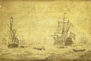 Willem Van De Velde The Elder - A Dutch Two Decker and a Galjoot Lying By with the Fleet at Sea, c.1672