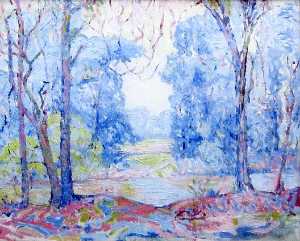 Albert Henry Krehbiel - (Pink and Blue Landscape with Trees and a River), (painting)