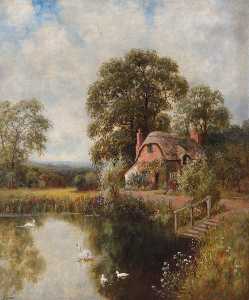 John Bonny - Landscape with a Thatched Cottage and a Lake