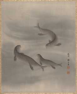 Seki Shūkō - Otters Swimming