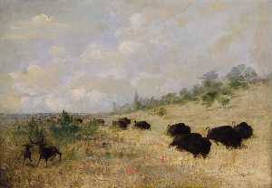 George Catlin - Elk and Buffalo Grazing among Prairie Flowers, Texas