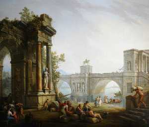 Antonio Zucchi - Capriccio with the Ruins of a Triumphal Arch and a Bridge