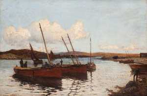 Archibald Russell Watson Allan - River Scene with Fishing Boats