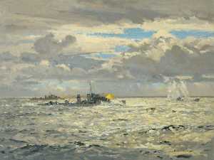 Norman Wilkinson - A Destroyer Sinking a Submarine