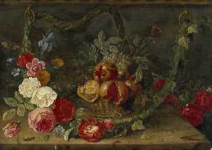 Jan Van Kessel The Elder - Decorative Still Life Composition with a Basket of Fruit