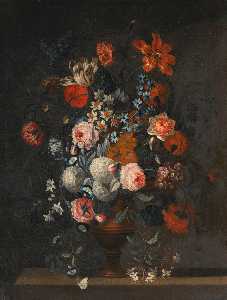 Simon Hardimé - Arrangement of tulips, a peonie, forget me not and other flowers in a vase on a ledge