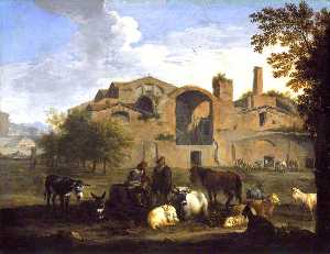 Pieter Van Bloemen - Landscape with Herdsmen and Animals in front of the Baths of Diocletian, Rome