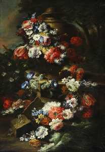 Gasparo Lopez - A Garland of Flowers Draped around an Urn