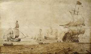Cornelis Pietersz De Mooy - An English Ship with the Union Flag at the Main