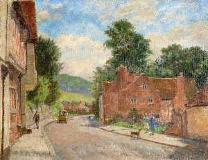 Walter J Stamps - The High Street, West Wycombe, Buckinghamshire, Looking towards the Pedestal and Branch Wood at Downley