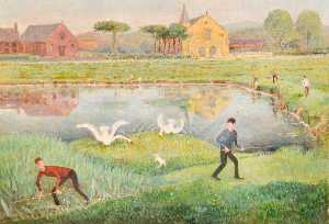 John Thomas Whormsley - Church and Lake with Swans