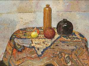 Irving Block - Still Life With Pomegranate, Lemon, Soy Pot, Wine Jug On Oriental Rug