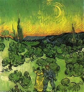 Vincent Van Gogh - Landscape with Couple Walking and Crescent Moon