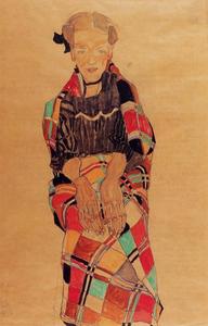 Egon Schiele - Girl in Black Pinafore, Wrapped in Plaid Blanket (Poldi Lodzinsky)
