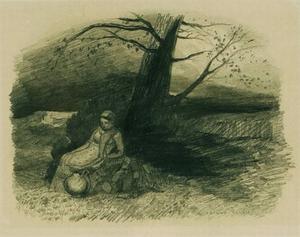Odilon Redon - Frau sich am Fusse eines Baumes ausruhend, einen Tonkrug neben sich
