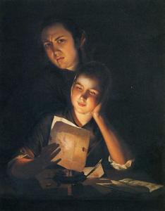 Joseph Wright Of Derby - Girl Reading a Letter by Candlelight, With a Young Man Peering over Her Shoulder