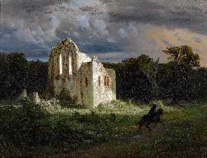 Arnold Bocklin - Ruine dans un paysage au clair de lune