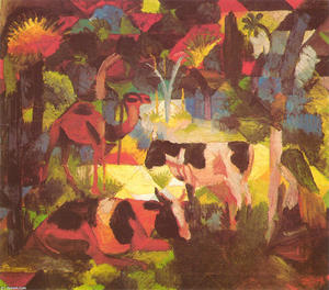 August Macke - Landscape with Cows and Camel - (own a famous paintings reproduction)