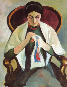 August Macke - Woman Embroidering in an Armchair, Portrait of the Artist-s Wife
