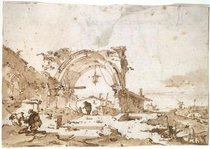 Francesco Lazzaro Guardi - A Capriccio with a Ruined Gothic Arch