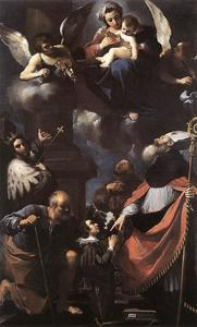 Guercino (Barbieri, Giovanni Francesco) - Madonna col Bambino, i santi Giuseppe, Agostino, Luigi e Francesco, un donatore e due angeli