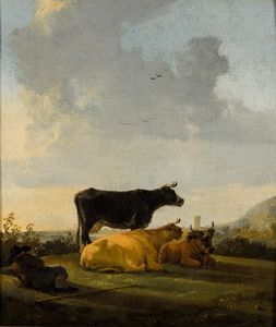 Aelbert Jacobsz Cuyp - Landscape with three cows and a shepherd boy