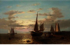 Abraham Hulk Senior - Fisherman And Their Boats At Evening, Other Boats Offshore