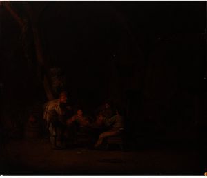 Adriaen Van Ostade - A Barn Interior With Peasants Smoking And Drinking
