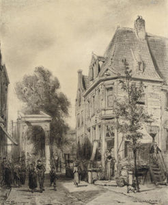 Cornelis Springer - A busy street in Weesp