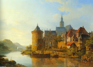 Cornelis Springer - A View of a Town along the Rhine