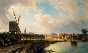Cornelis Springer - Vista de La Haya desde el canal a Delft en el siglo XVII
