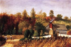William Aiken Walker - Autumn Scene In North Carolina With Cabin, Wash Line, And Cornfield