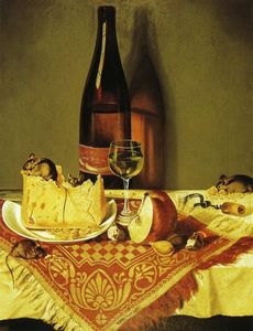 William Aiken Walker - Still LIfe with Cheese, Bottle of Wine and Mouse