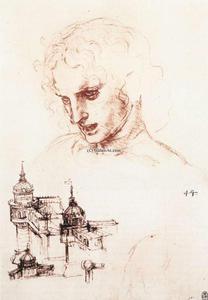 Leonardo Da Vinci - Study of an apostle's head and architectural study
