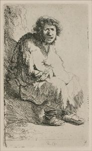 Rembrandt Van Rijn - A Beggar Sitting on a Hollock, with his Mouth Open