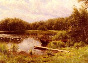 Peder Mork Monsted - A Boat Moored On A Quiet Lake