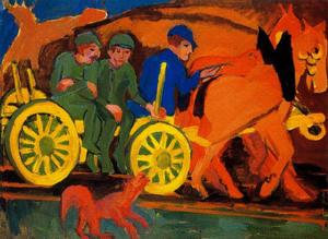 Ernst Ludwig Kirchner - Chariot and horses with three farmers